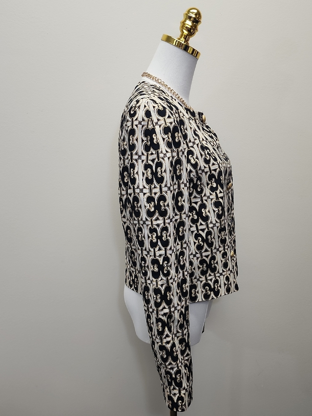 Doncaster Black Cream Geometric Cropped Blazer Jacket Vibtage Size 14 - Picture 4 of 11